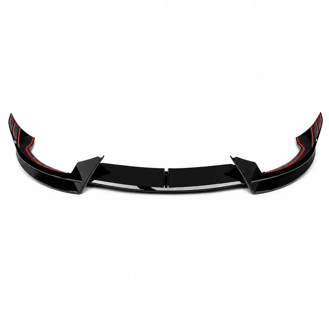A full splitter kit, black automotive front lip valance spoiler accessory displayed below on a white background.