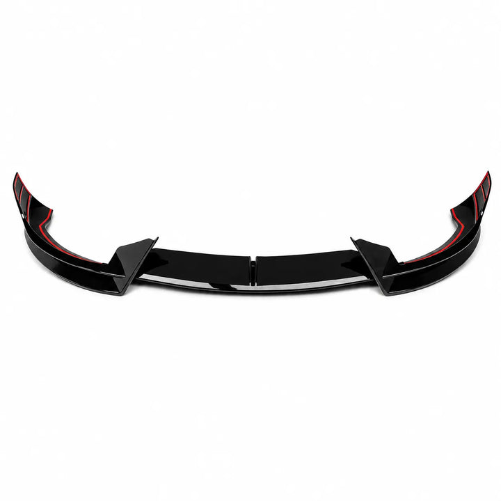 A full splitter kit, black automotive front lip valance spoiler accessory displayed below on a white background.