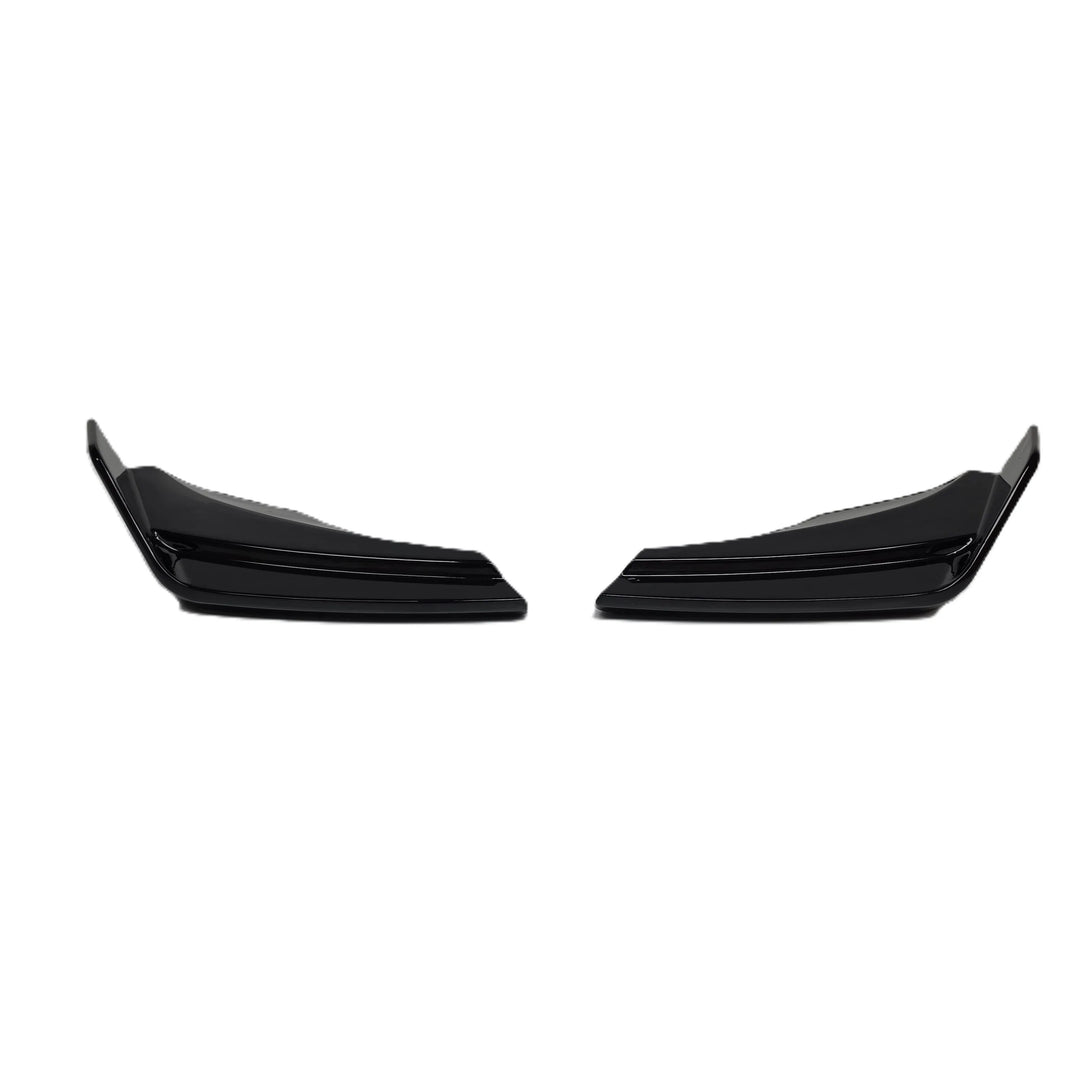 A pair of black plastic ABS Rear Bumper Canards Land Rover L663 vehicle lower lip with glossy finish shown against a solid white background.