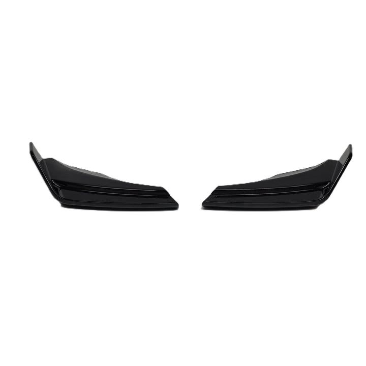 A pair of black plastic ABS Rear Bumper Canards Land Rover L663 vehicle lower lip with glossy finish shown against a solid white background.