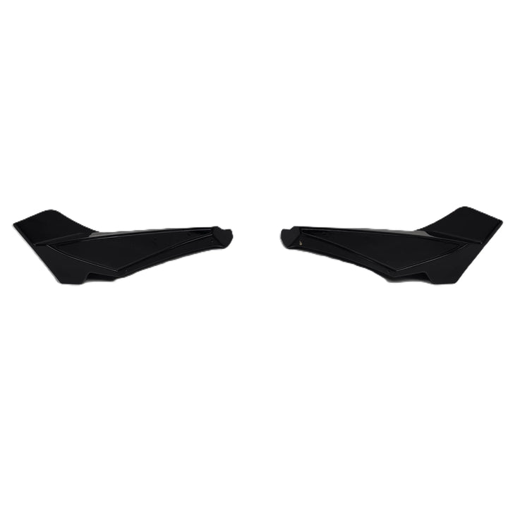 reverse shot of a pair of black plastic ABS Rear Bumper Canards designed for Land Rover L663 vehicle lower lip with glossy finish shown against a solid white background.