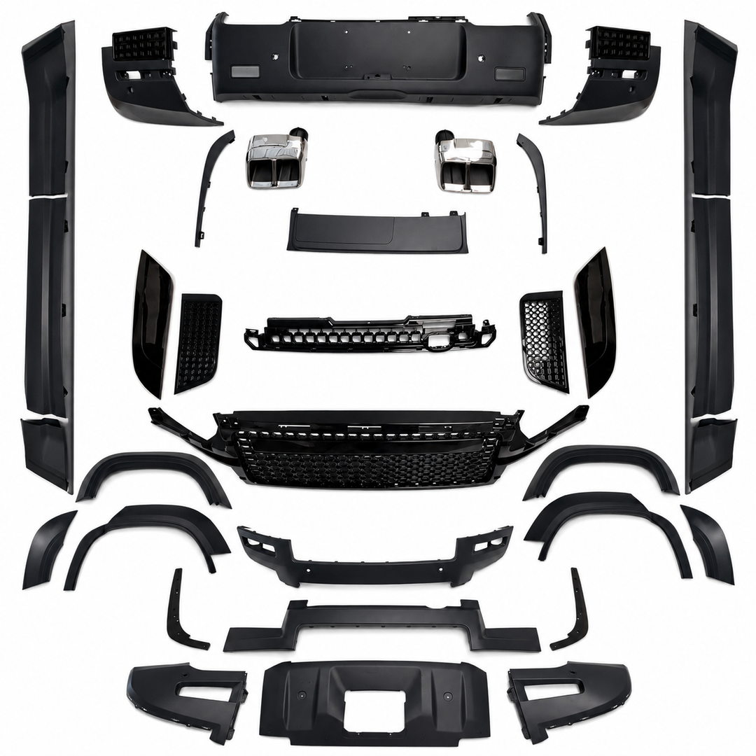 Collection of black car body kits on a white background