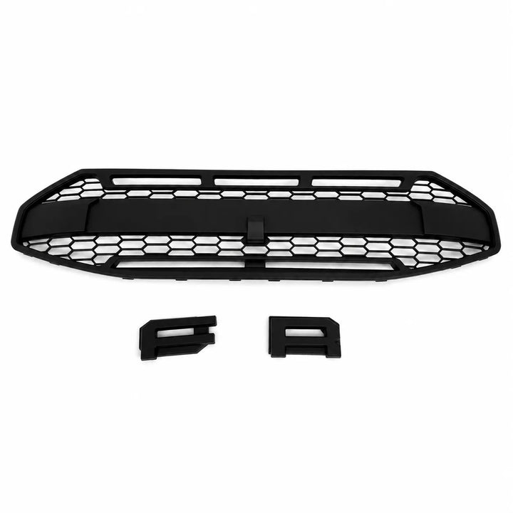 Black honeycomb car grille on a white background with letters shown below