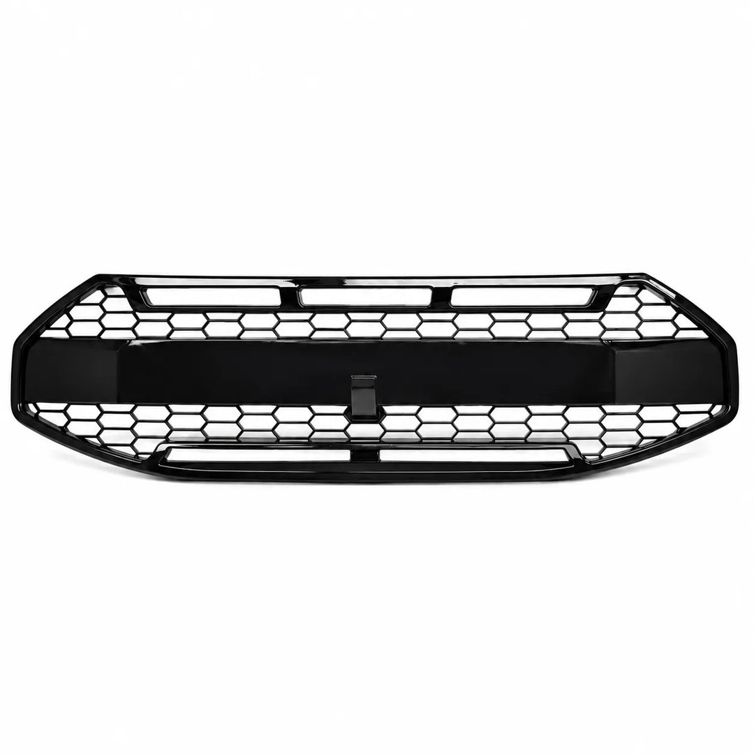 A black honeycomb front grille with a glossy finish, shown against a plain white background.