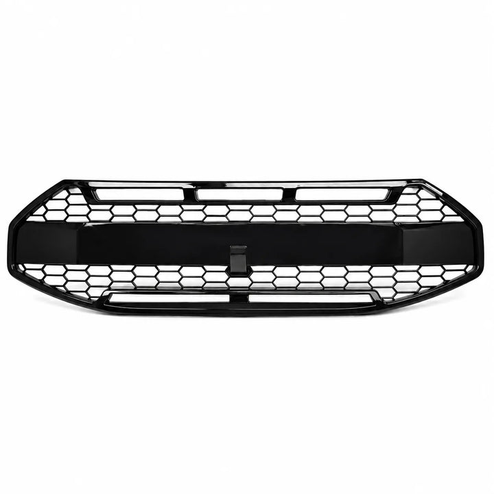 A black honeycomb front grille with a glossy finish, shown against a plain white background.