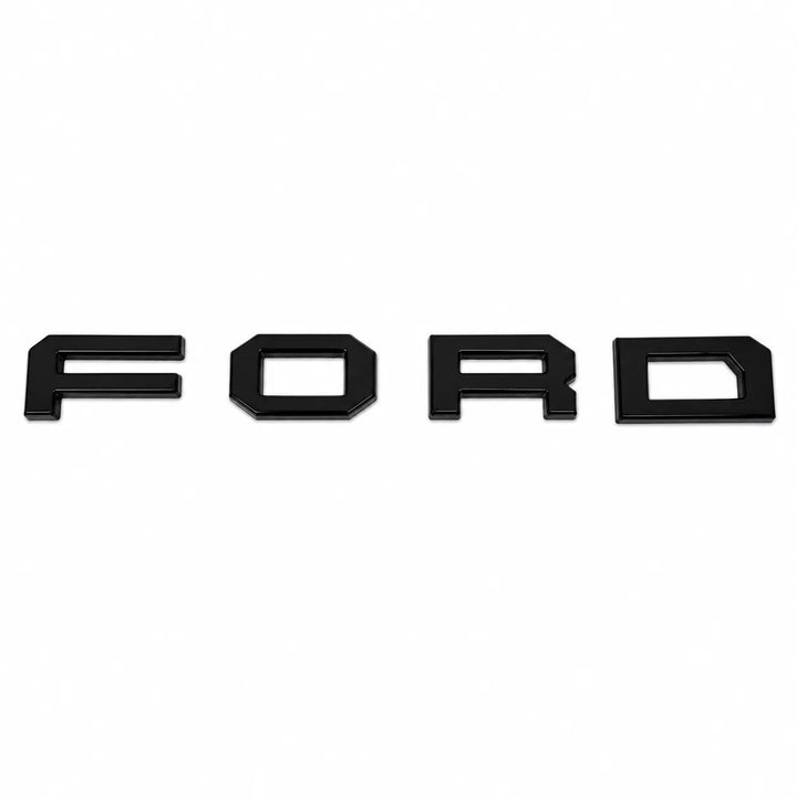 Four black raised letter badges spelling FORD, arranged horizontally on a plain white background.
