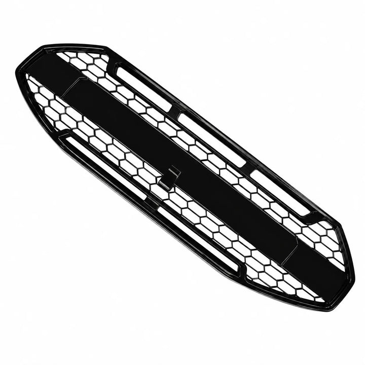 A black automotive front grille insert featuring a honeycomb pattern and solid center sections, shown on a plain white background.