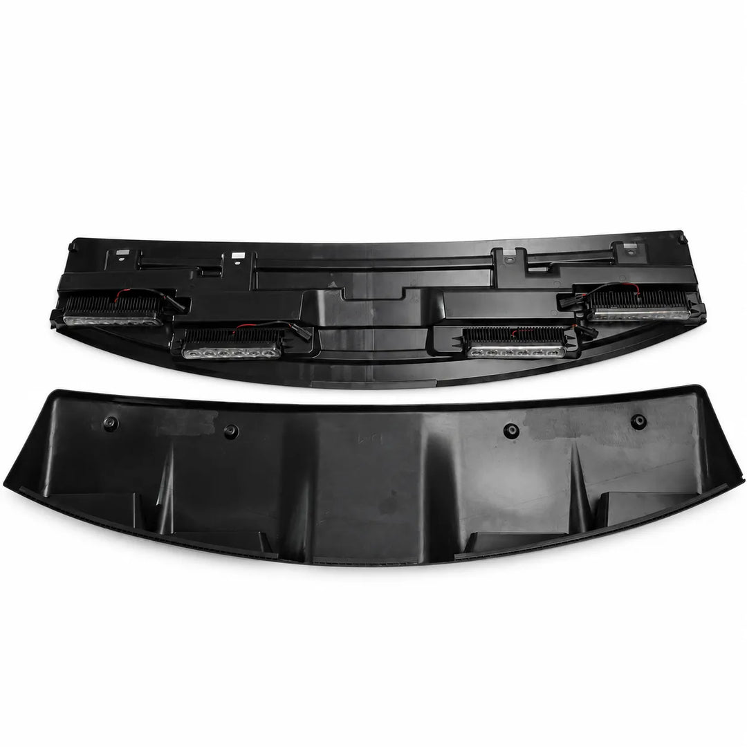 Two black plastic automotive roof body panels, front led roof light in 2 parts, displayed on a clean white background.