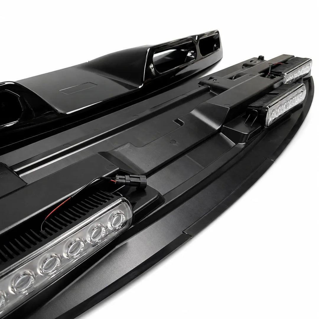 Black car roof light bar kit with integrated LED lights and cover, shown on a white background.
