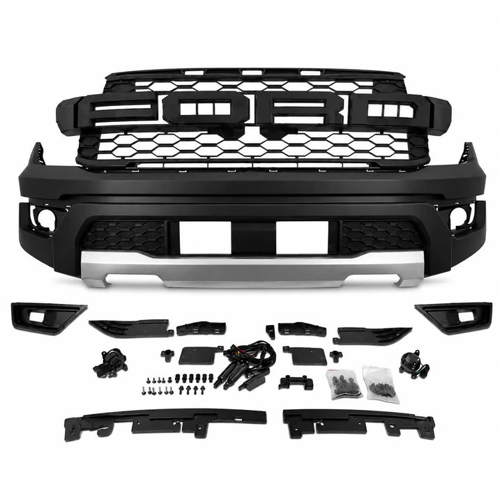 Black front bumper grille kit for a vehicle, shown with the main grille and lower bumper assembly and various mounting hardware and trim pieces arranged below on a white background.