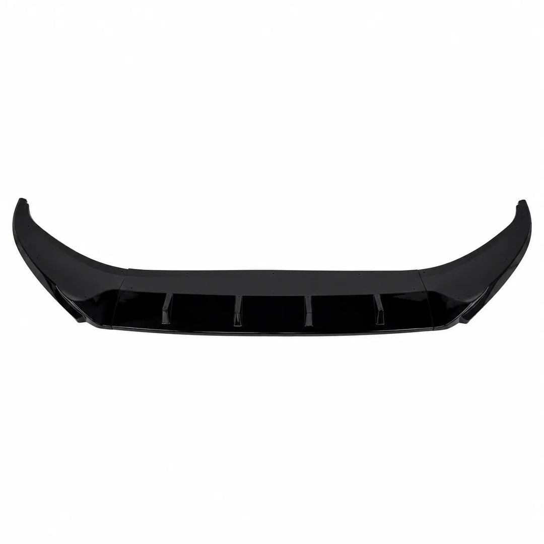 A 3 piece glossy black automotive front bumper splitter trim pieces, a front lip spoiler arranged on a plain white background.