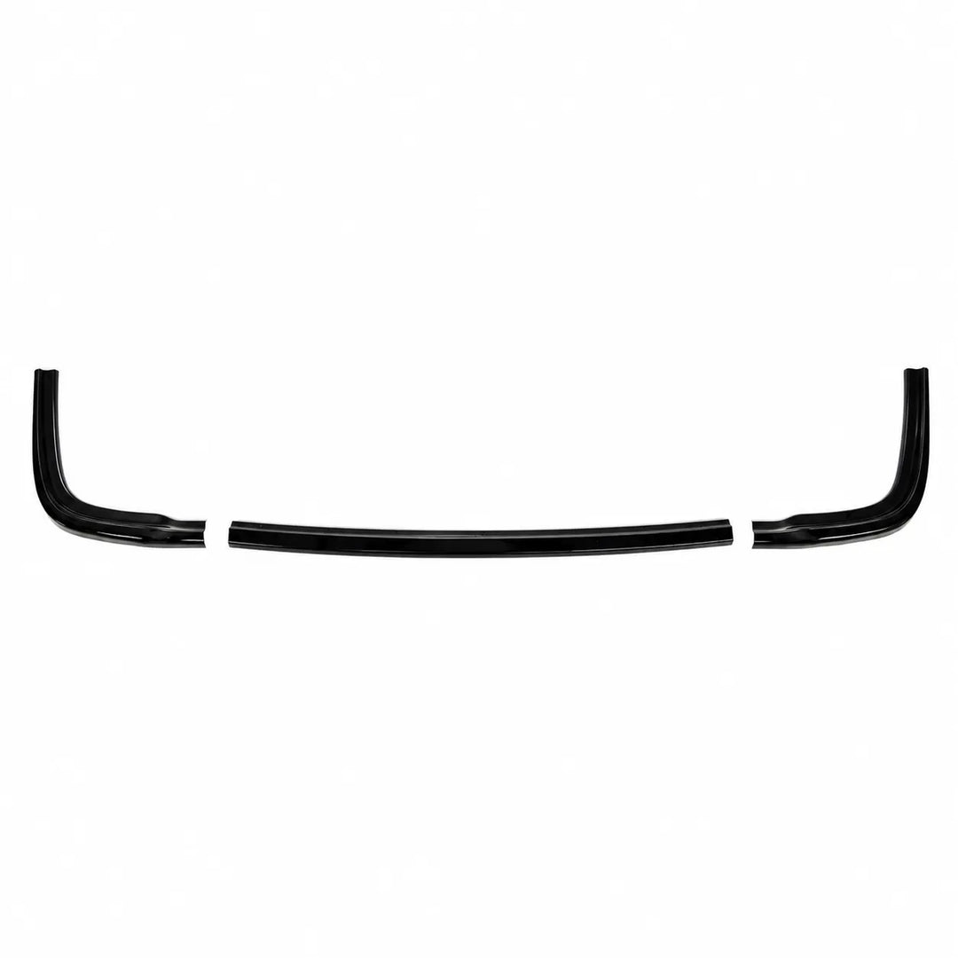 A set of three black curved bumper automotive trim pieces, bumper splitter guards diffuser, arranged horizontally on a plain white background.