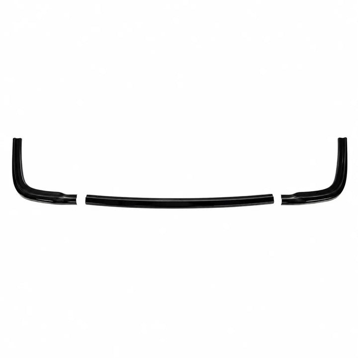 A set of three black curved bumper automotive trim pieces, bumper splitter guards diffuser, arranged horizontally on a plain white background.