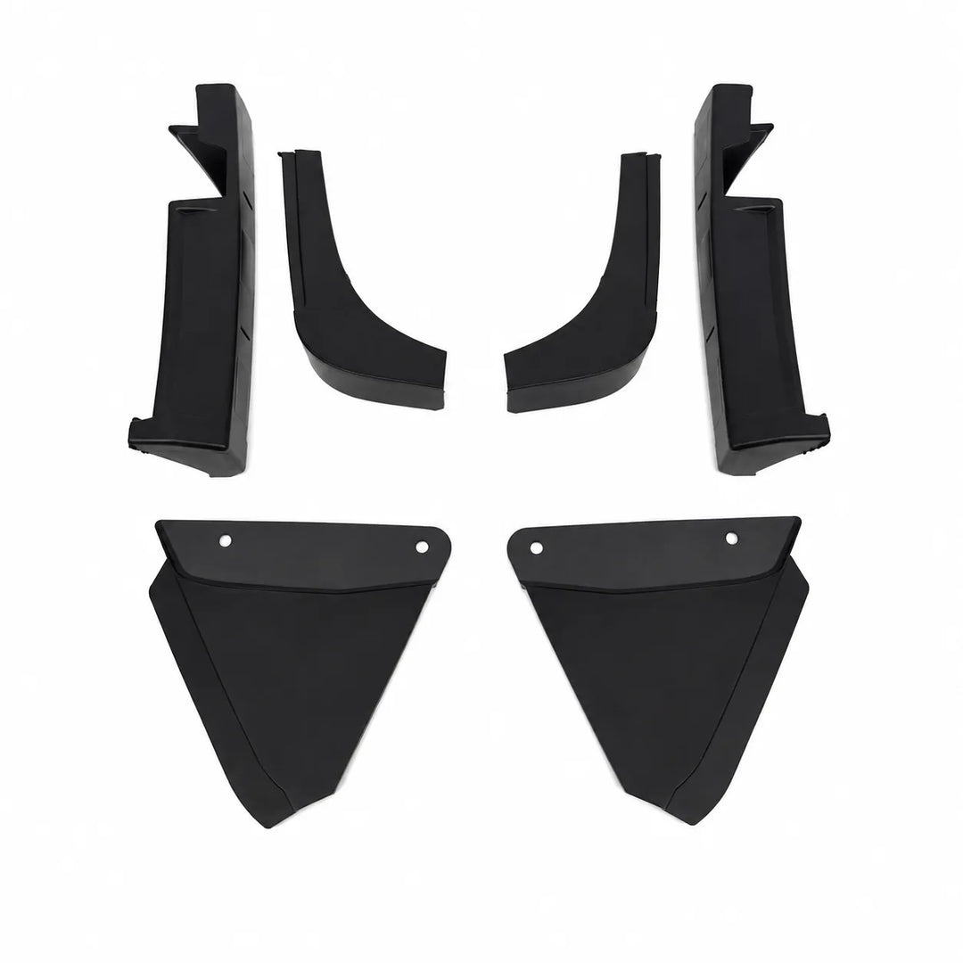 Four black plastic vehicle support brackets and matching arche supports arranged symmetrically on a plain white background.