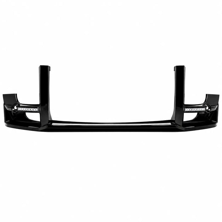 A black glossy vehicle front bumper lip or lower bumper guard with integrated LED light bars on both sides, shown against a plain white background.