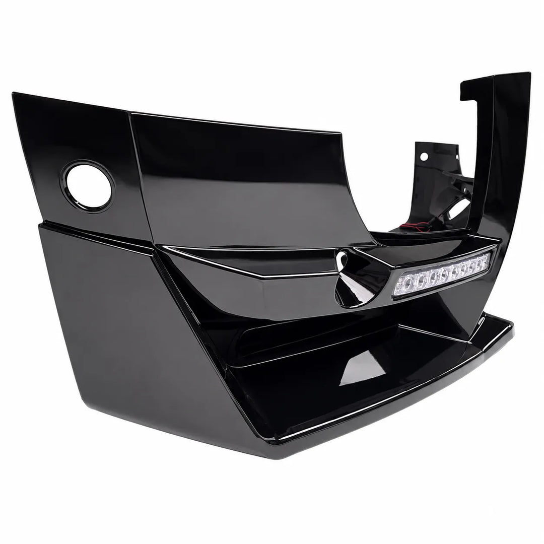 A glossy black custom bumper guard or front bumper cover with an integrated LED light bar and parking sensor holes, shown on a plain white background.