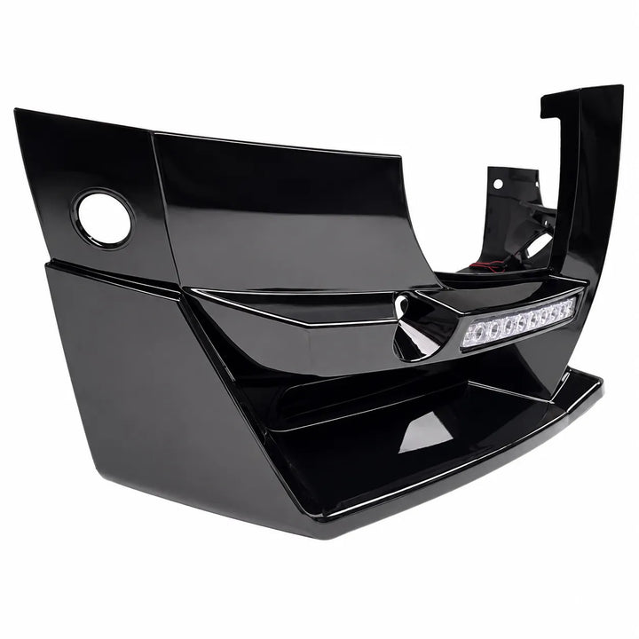 A glossy black custom bumper guard or front bumper cover with an integrated LED light bar and parking sensor holes, shown on a plain white background.