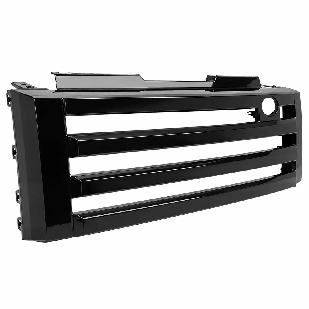 A glossy black automotive front grille with horizontal slats, shown at a three-quarter angle on a plain white background.