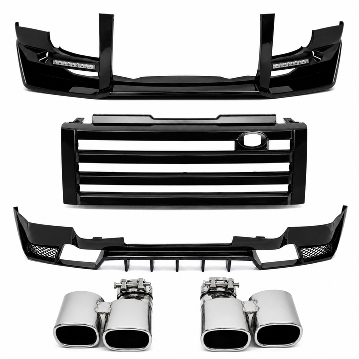A set of black car body parts and chrome exhaust tips, including a front bumper, grille, lower rear bumper valance, and four exhaust pipes, displayed on a white background.