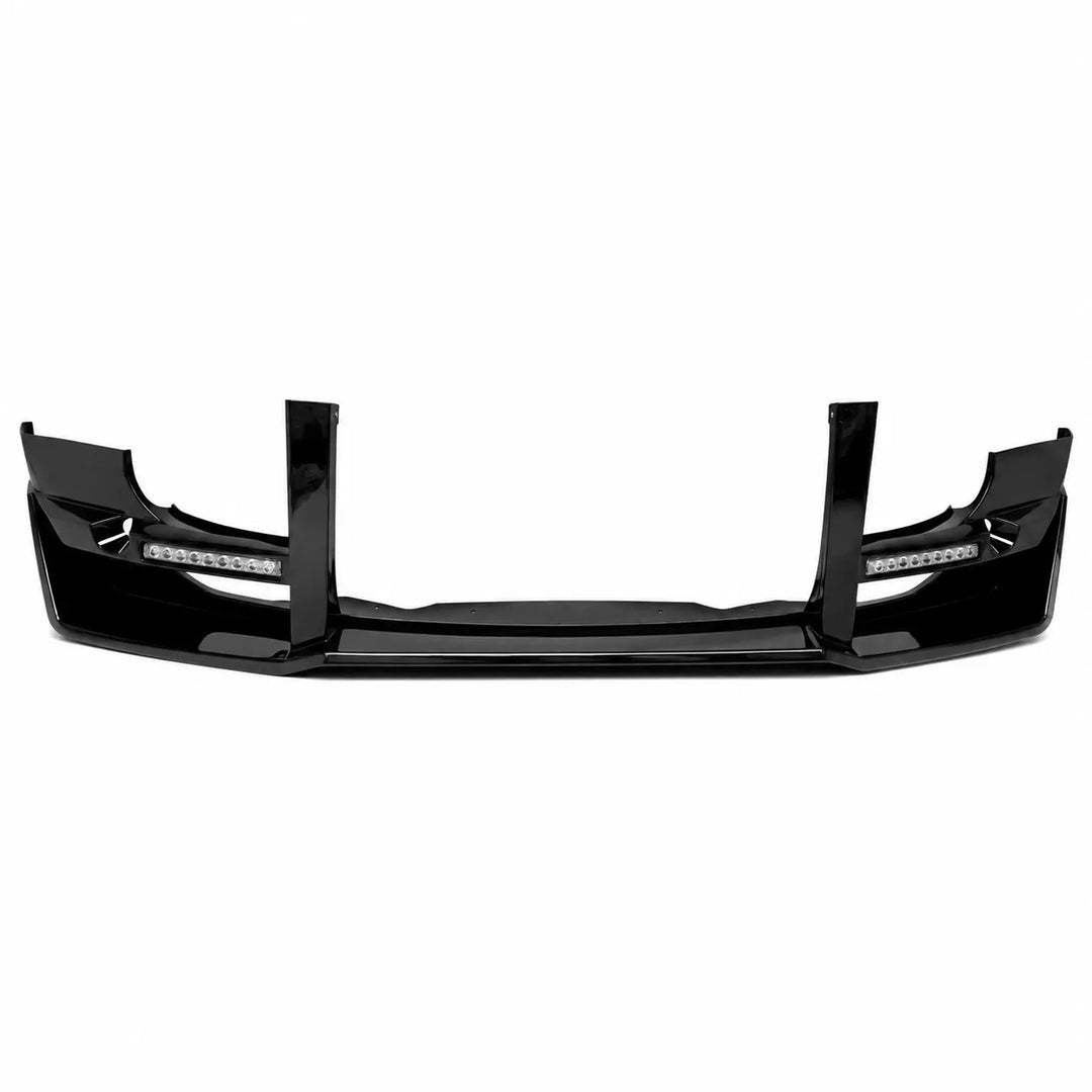 A glossy black car front bumper splitter lip with integrated LED light bars, shown against a plain white background.