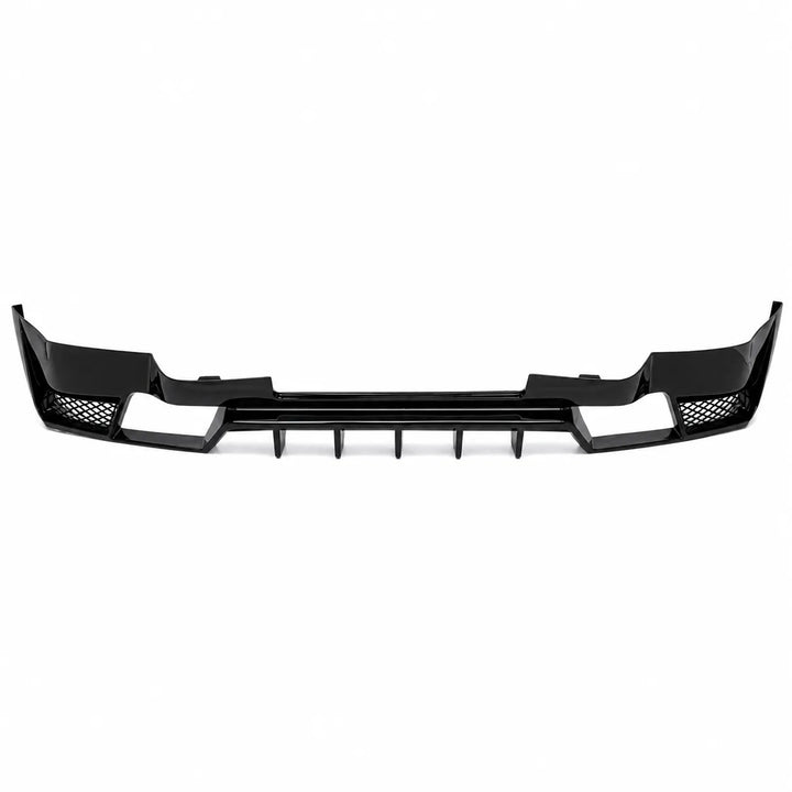 Glossy black Rear Bumper Lower Valance Diffuser with Fins and Exhaust Cut outs one piece on a white background