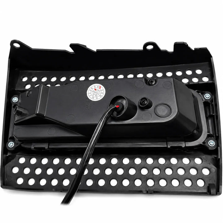 rear close-up of a black LED light bar with clear lens LED lower fog lamp on a white background with wiring harness