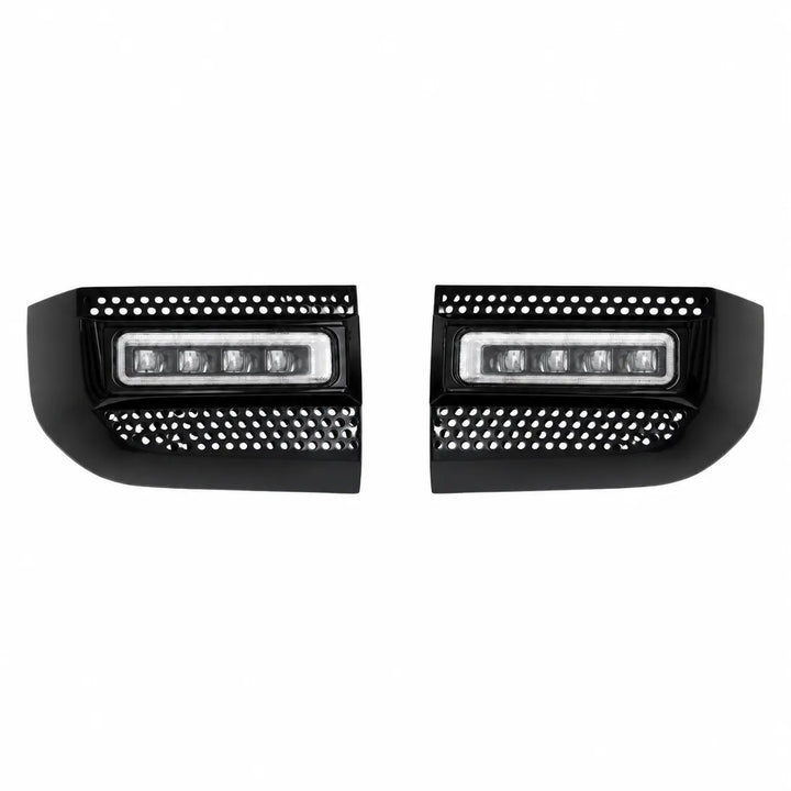 A pair of black rectangular LED light bars with perforated grilles on a plain white background.
