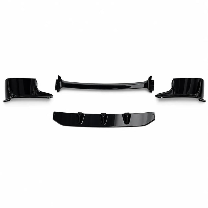 automotive body trim pieces finished glossy black, A complete kit of a front bumper splitter extension displayed on a clean white background.