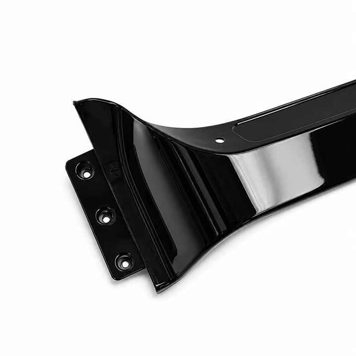 A glossy black plastic automotive bumper bracket with pre-drilled mounting holes, shown on a clean white background.