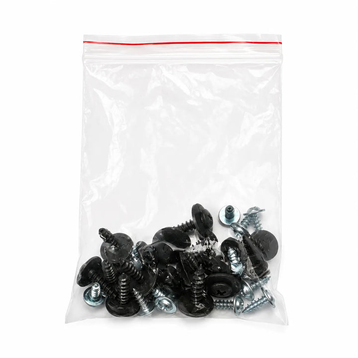A clear plastic zip-top bag with a red seal line, containing a mix of black rubber grommets and silver metal screws, shown on a plain white background.