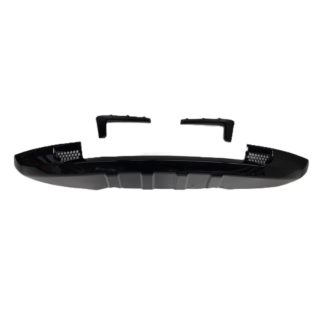 A glossy black plastic automotive bumper Khan style Look lip kit with two Fog Light Surrounds with 3 notches, displayed on a clean white background.