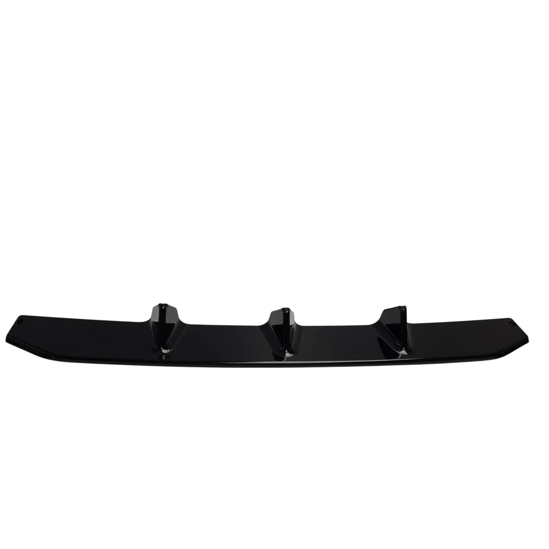 A glossy black automotive part of a front splitter lip with three mounting points, shown against a plain white background.