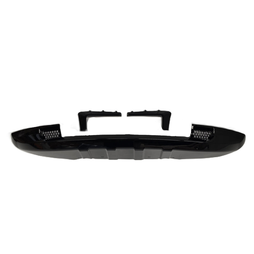 A glossy black plastic automotive bumper Khan style Look lip kit with two Fog Light Surrounds with 3 notches, displayed on a clean white background.
