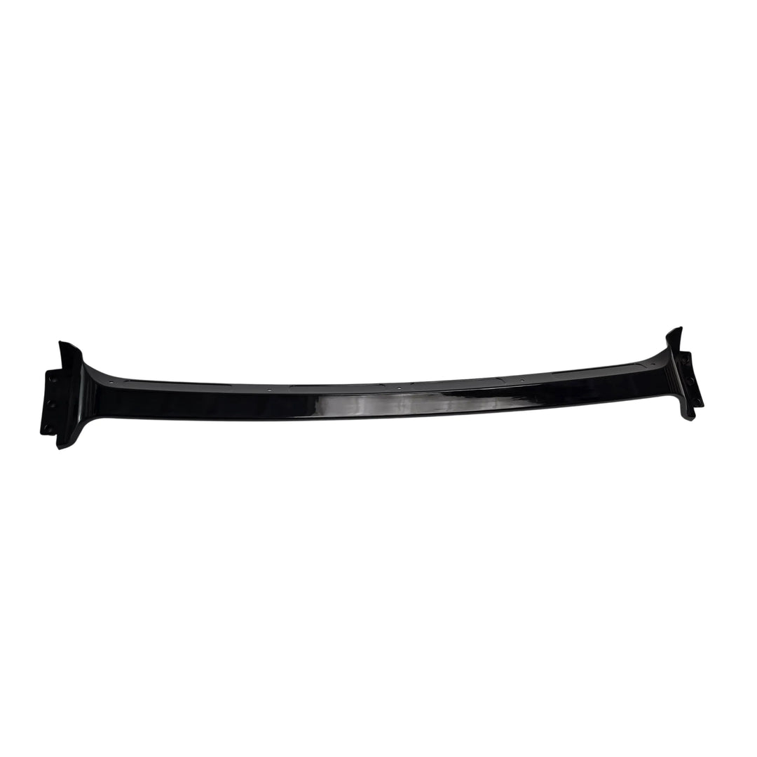 part of a glossy black lower automotive body splitter piece, part of a front bumper splitter extension shown at an angle on a plain white background.