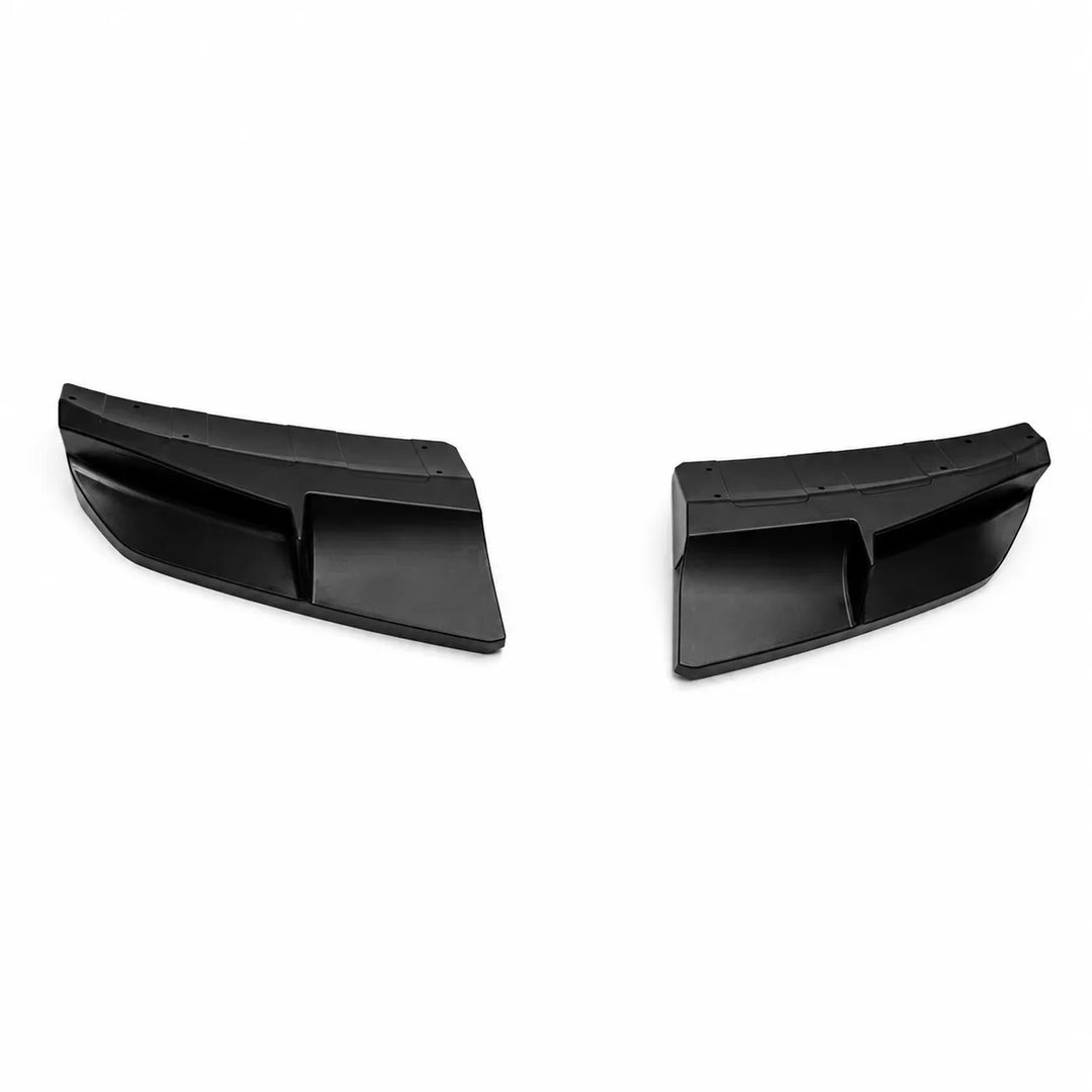 A pair of black plastic splitter support pieces part of an automotive design package, shown as a set of two separate pieces on a plain white background.