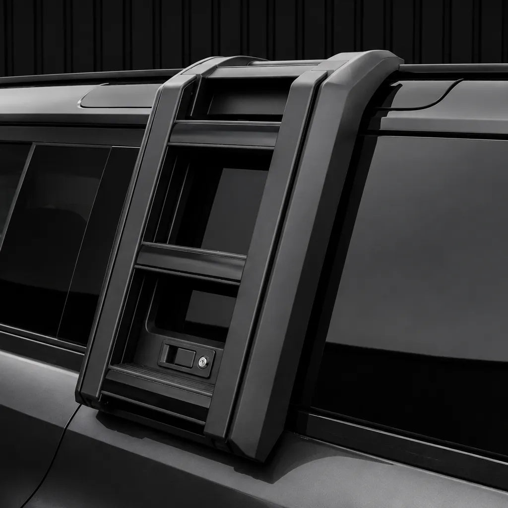 Close-up of a black retractable roof window shade mounted on the side of a vehicle, showing the folded window panel and locking mechanism.