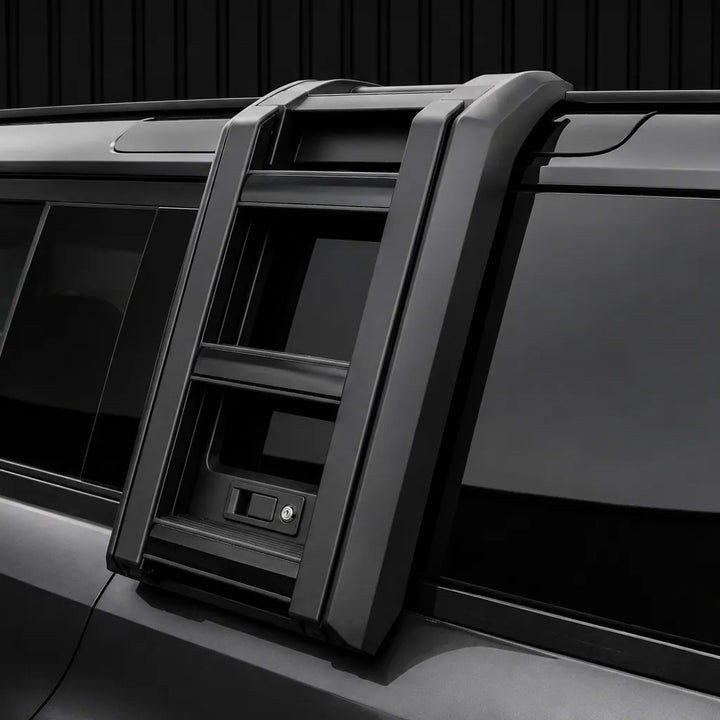 Close-up of a black retractable roof window shade mounted on the side of a vehicle, showing the folded window panel and locking mechanism.