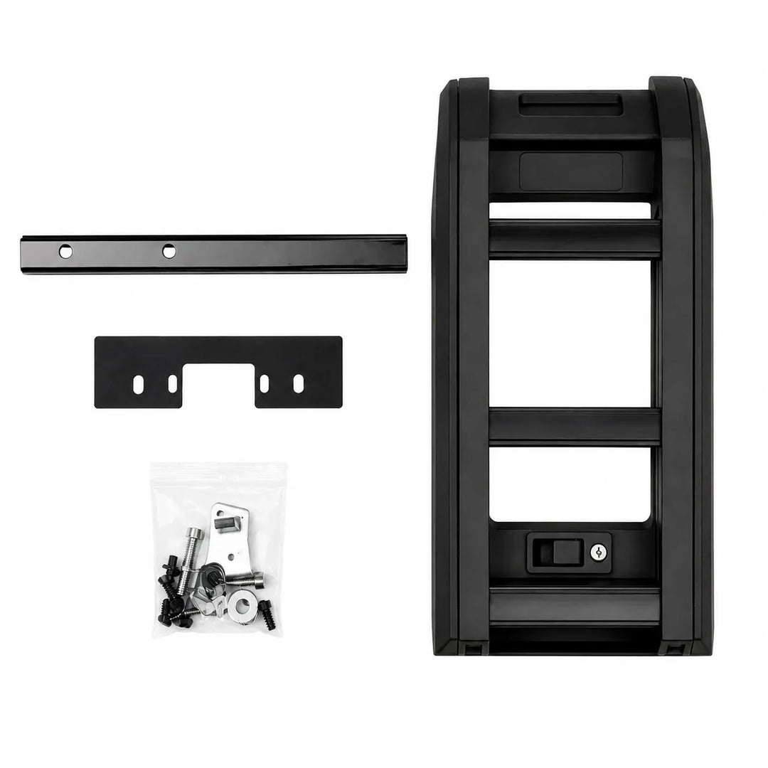 A black metal side ladder kit with a long horizontal bar, a rectangular bracket piece, and a small plastic bag of included hardware, laid out on a clean white background.