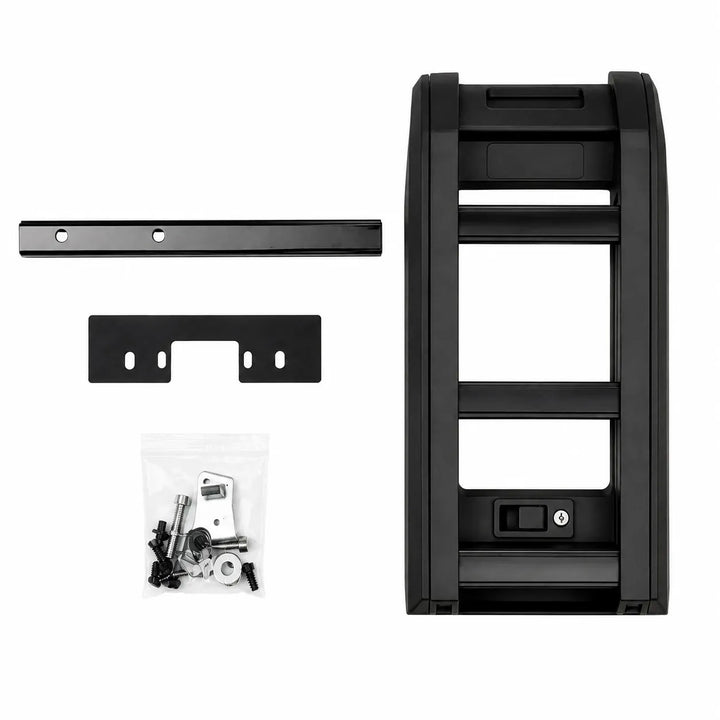 A black metal side ladder kit with a long horizontal bar, a rectangular bracket piece, and a small plastic bag of included hardware, laid out on a clean white background.