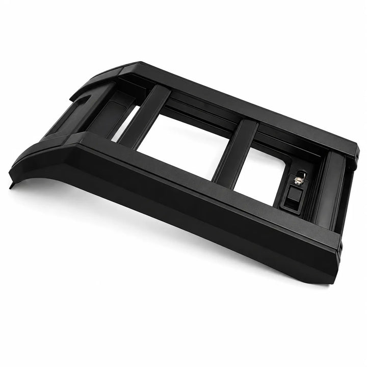 A black metal side ladder kit with a long horizontal bar, and a small plastic bag of included hardware, laid out on a clean white background.