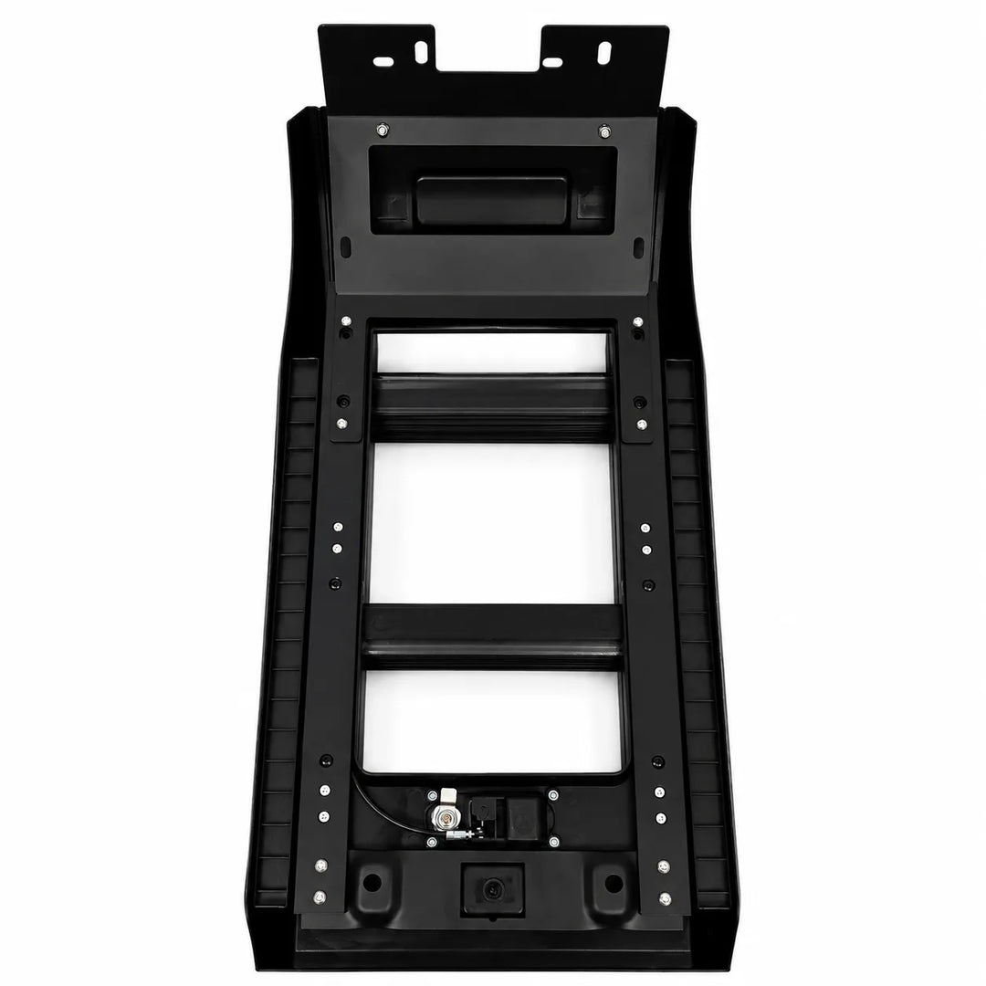 A reverse image of a black metal side ladder kit with a long horizontal bar, laid out on a clean white background.