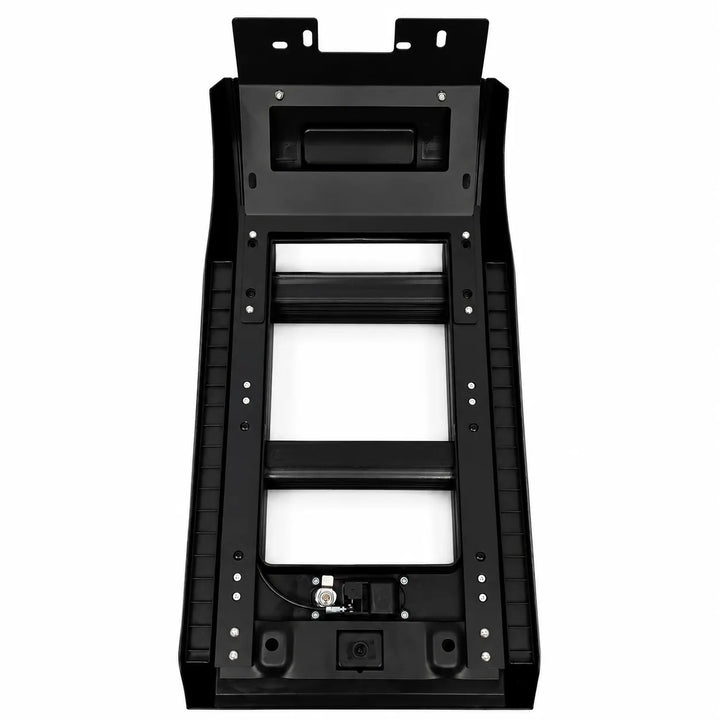 A reverse image of a black metal side ladder kit with a long horizontal bar, laid out on a clean white background.