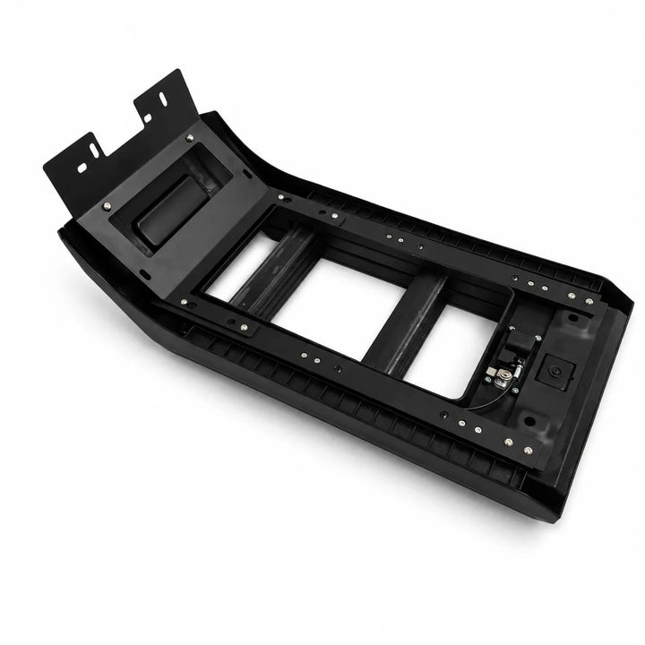 A reverse image of a black metal side ladder kit with a long horizontal bar, laid out on a clean white background.