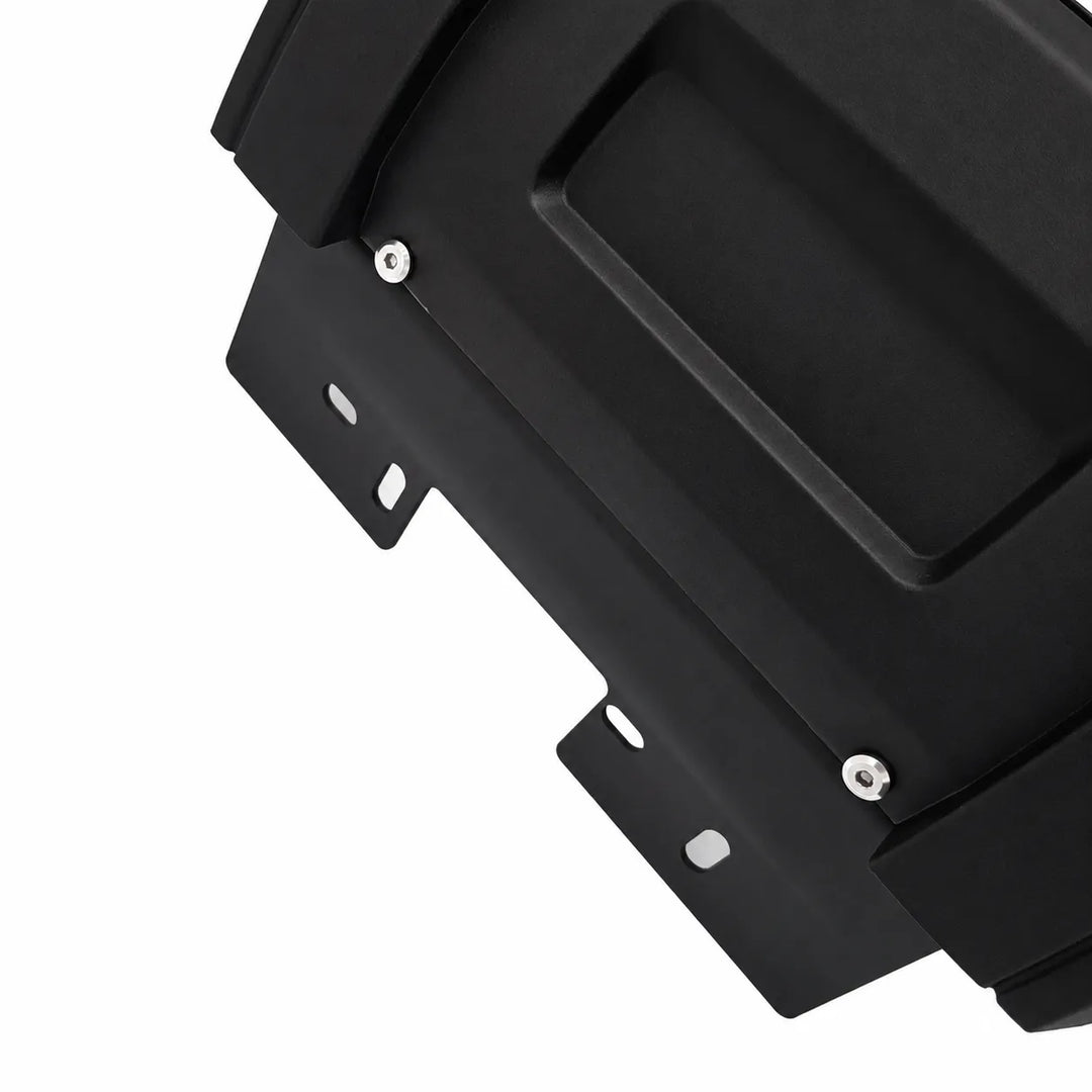 Close-up of a black metal mounting bracket with pre-drilled screw holes and silver screws, shown on a plain white background.