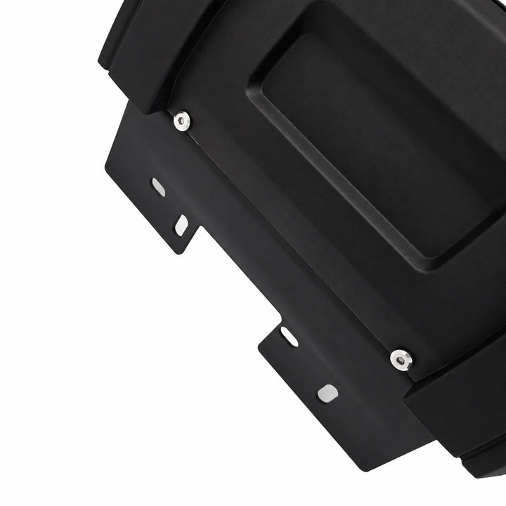Close-up of a black metal mounting bracket with pre-drilled screw holes and silver screws, shown on a plain white background.