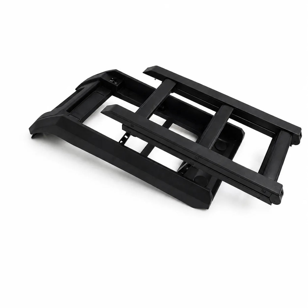 A black plastic aluminium side ladder mounting frame, photographed in the second stage of deployment at an angle on a clean white background.