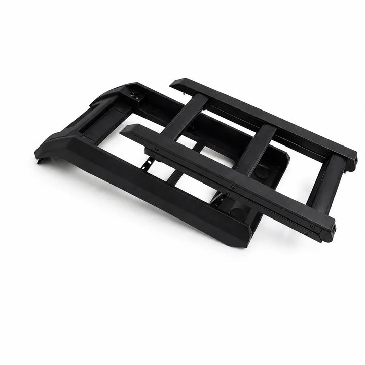 A black plastic aluminium side ladder mounting frame, photographed in the second stage of deployment at an angle on a clean white background.