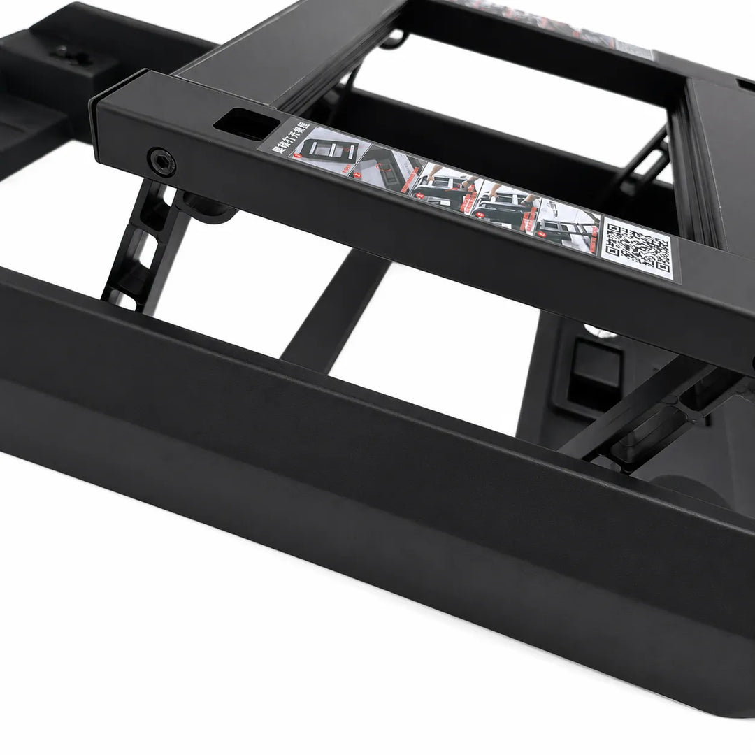 Close-up of a black metal frame structure with a hinge joint and mounting holes on a white background.