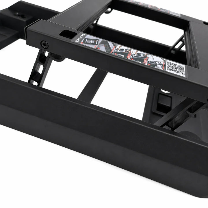 Close-up of a black metal frame structure with a hinge joint and mounting holes on a white background.