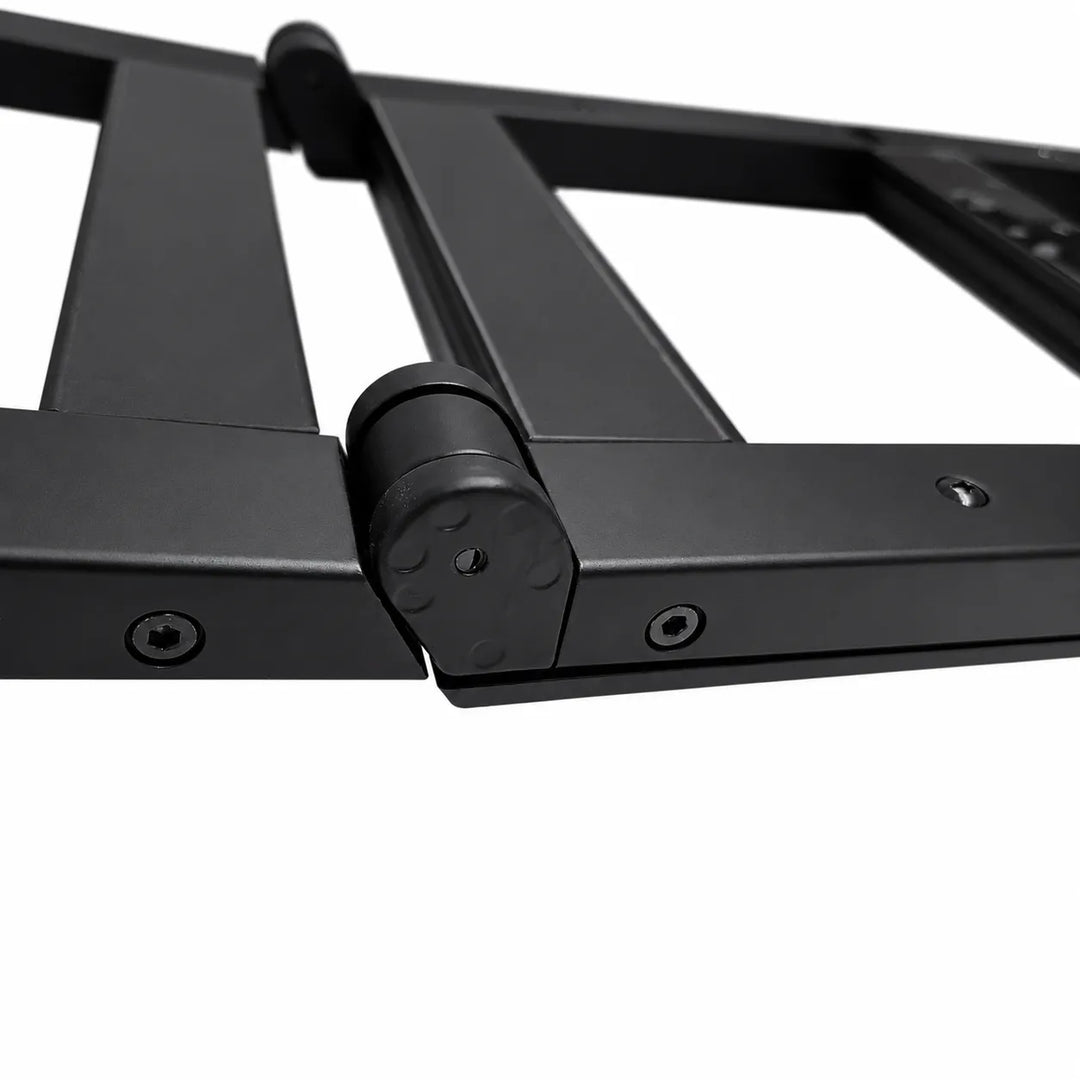 Close-up of a black metal frame structure with a hinge joint and mounting holes on a white background.